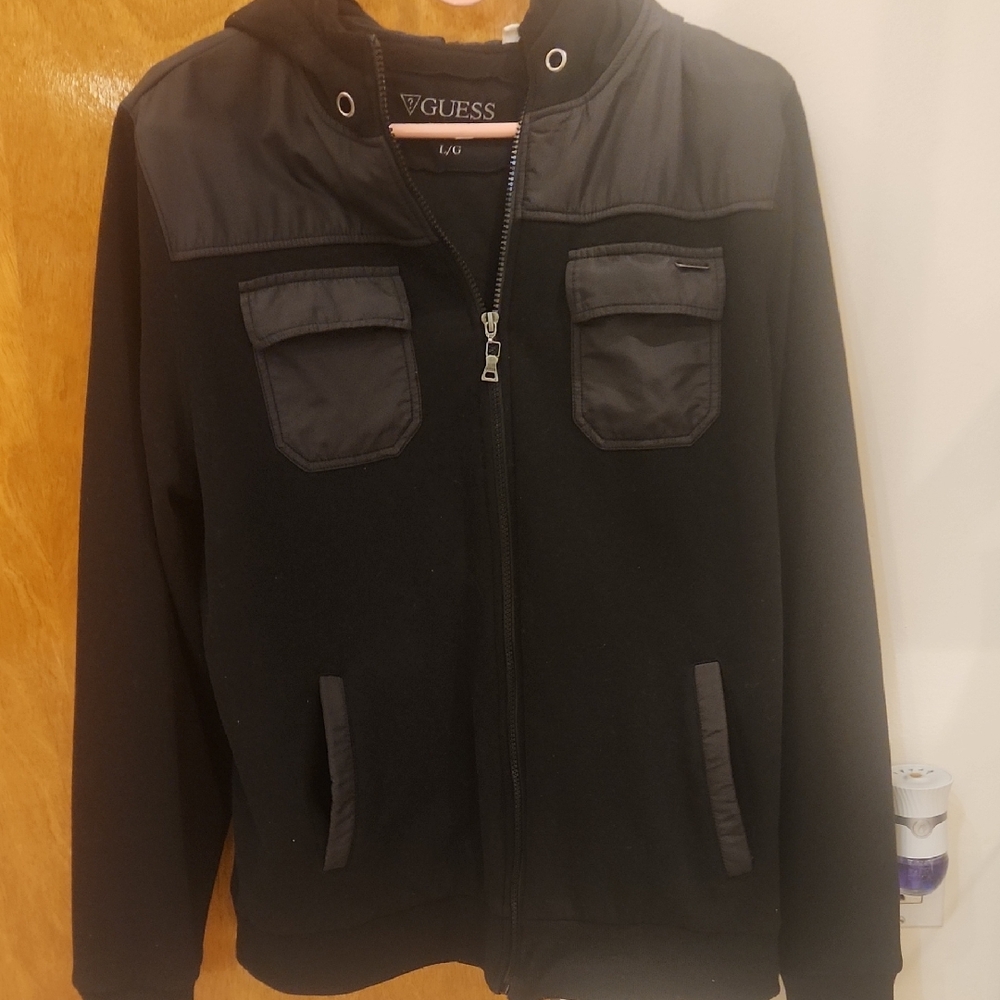 Guess Black Hooded Zipper Jacket with Matte Trim